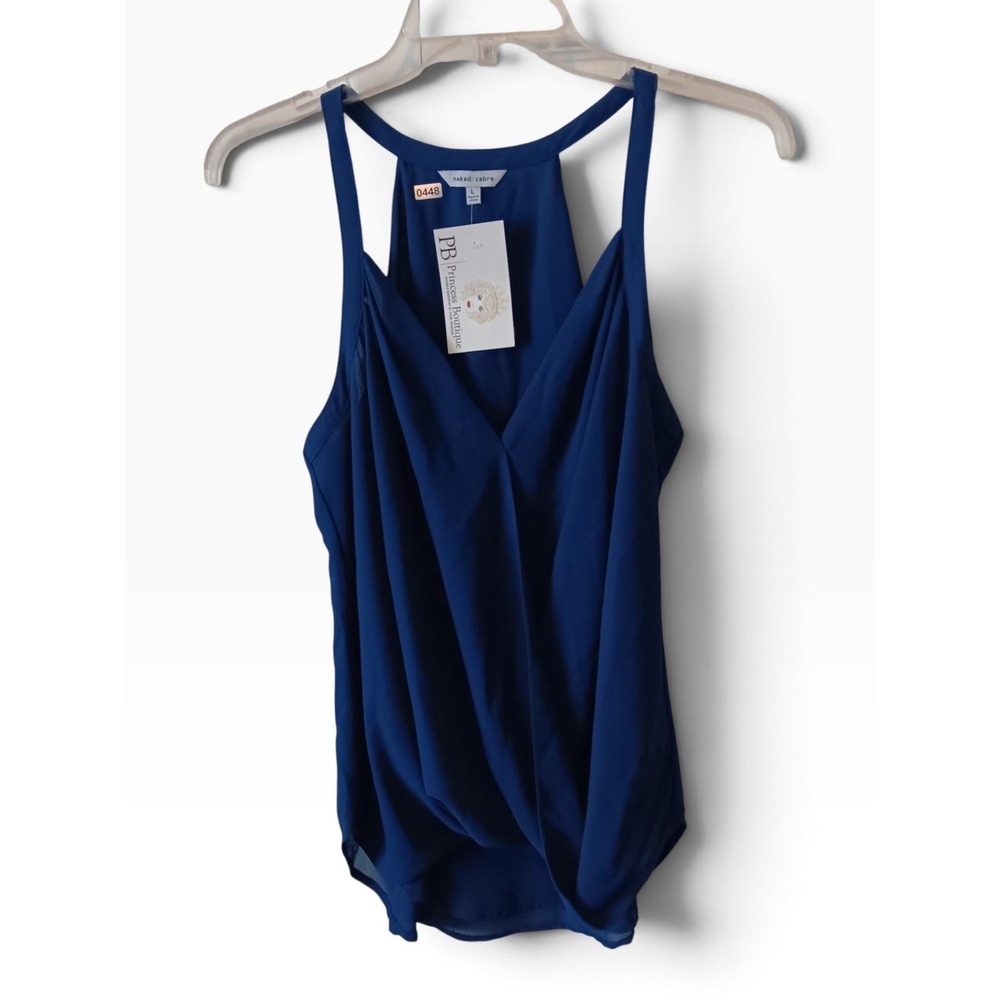 Naked Zebra Tank Top Womens Large Blue NWT Surplice Draped Chiffon Sleeveless